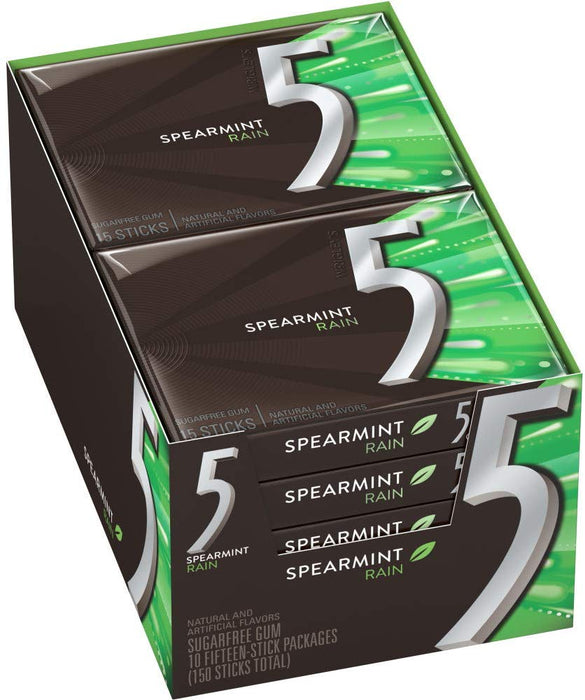 5 SUGAR FREE GUM, SPEARMINT, 10 PACK x 15 UN