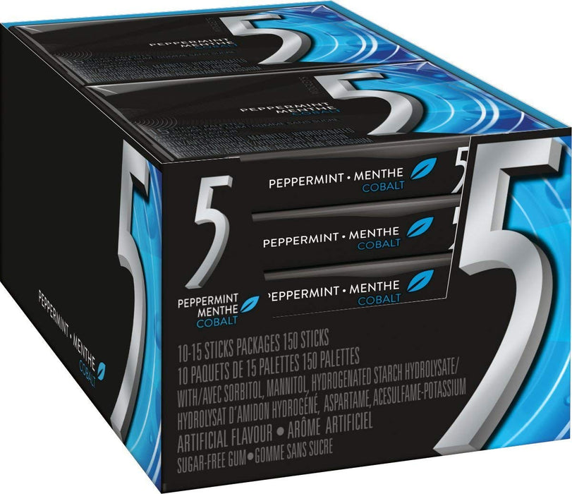 5 SUGAR FREE GUM, PEPPERMINT, 10 PACK x 15 UN