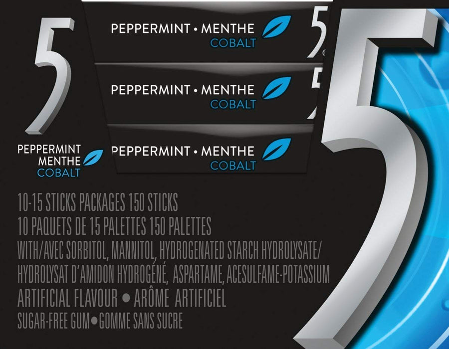 5 GOMME SANS SUCRE, MENTHE POIVRÉE, 10 PACK x 15 UN