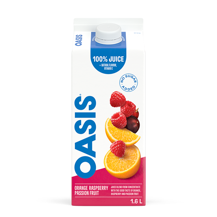 JUS OASIS SANS SUCRE AJOUTÉ ORANGE FRAMBOISE FRUIT DE LA PASSION 1,6 L