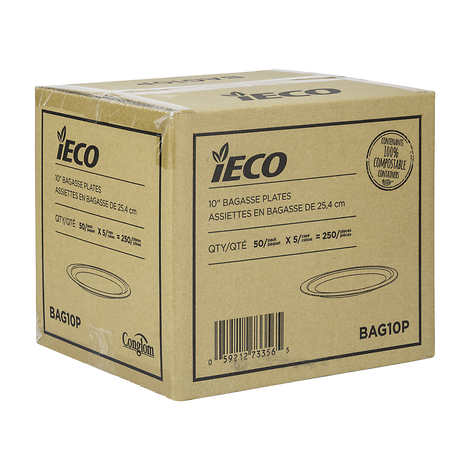 ASSIETTES EN BAGASSE 100% COMPOSTABLES IECO 10 PO, 5 PAQUETS DE 50