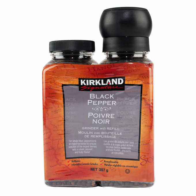 KIRKLAND SIGNATURE, POIVRE NOIR AVEC MOULIN ET RECHARGE, 357 G