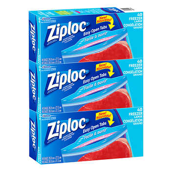 ZIPLOC EASY OPEN FREEZER BAGS LARGE, 3 PACKS OF 40