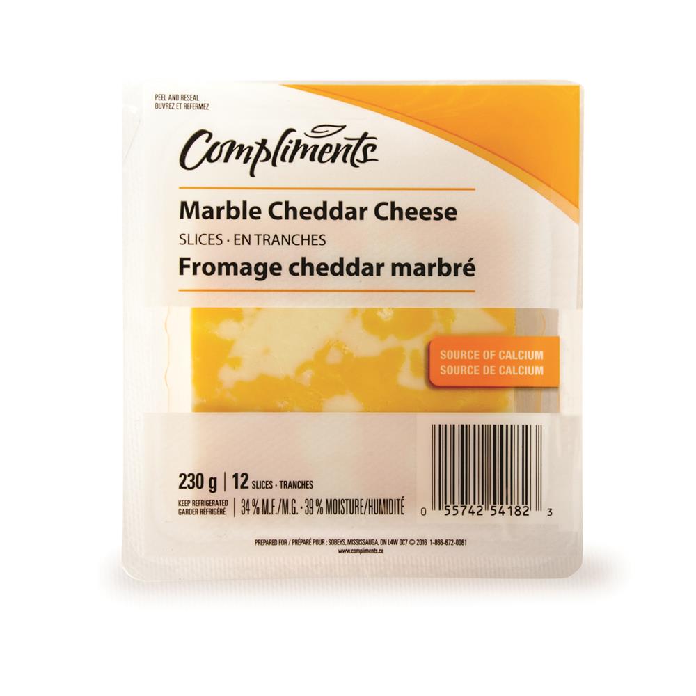 COMPLIMENTS SLICED CHEESE MARBLE CHEDDAR, 230G — Nuvo Express