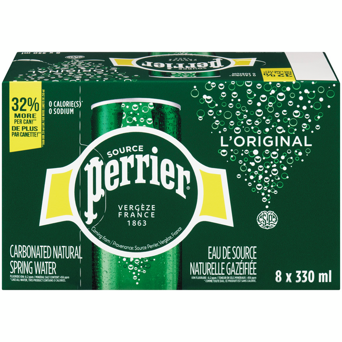 CANETTE D'EAU DE SOURCE NATURELLE GAZÉIFIÉE PERRIER, 8 X 330ML